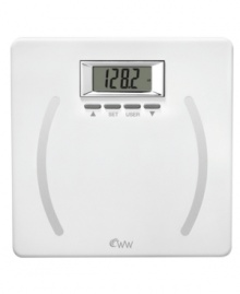 Keep your body healthy with this Body Analysis scale from Weight Watchers, featuring technology that monitors body fat, body water, BMI and bone mass for up to four users. Finished with a large, LCD screen that is easy to read.