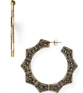 Belle Noel channels gypsy glamor with this pair of plated hoop earrings, cast in yellow gold with ornate engravings. It's a statement style for the Boho trope.