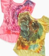 She can decorate her look with the dreamy style of these tie-dye graphic tees from Sugar Tart.