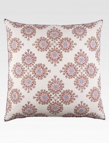 Lacy periwinkle medallions are brightly hand block printed on this pretty pillow with hand-stitched details and edging.Hidden zip closure26 X 26Linen/cottonMachine washImported
