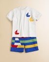 Say ahoy to this ultra-plush, pure cotton knit with sailboat appliqué.Ribbed crewneckShort sleeves with ribbed armbandsPullover styleCottonMachine washImported