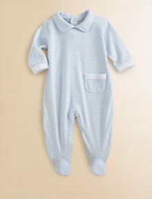 This precious one-piece is crafted in plush pima cotton and adorned with ruffles and stripes for sweet baby style.Peter Pan collarLong sleeves with ruffle cuffsPatch pocketBack snapsBottom snapsPima cottonMachine washImported Please note: Number of snaps may vary depending on size ordered. This precious one-piece is crafted in plush pima cotton and adorned with ruffles and stripes for sweet baby style.Peter Pan collarLong sleeves with ruffle cuffsPatch pocketBack snapsBottom snapsPima cottonMachine washImported Please note: Number of snaps may vary depending on size ordered.