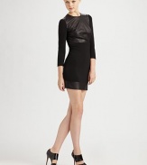 Supple leather panels make a bold statement on this ultra-modern body-con LBD.Three-quarter sleeves Back zip About 18½ from natural waist 63% rayon/32% nylon/5% spandex; dry clean ImportedOUR FIT MODEL RECOMMENDS ordering true size. 