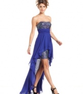 From the floor-sweeping overlay to the explosion of confetti-color sequins, gorgeous details make this dress a standout party pick! From Hailey Logan.