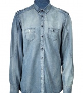 Stylish denim shirt in fine blue cotton-rayon blend - casual, washed used look - trendy slim cut, with shoulder epaulets and chest pockets - button placket - a favorite shirt for parties and leisure - with chinos, cargo pants or shorts