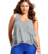 Rock top tier style with Soprano's sleeveless plus size top, featuring a ruffled front!