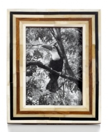 A natural beauty. Combining bone, wood and horn tiles, Purva's Multi Stripe picture frame gives your favorite photos a sleek look and organic feel. A natural beauty. Combining bone, wood and horn tiles, Purva's Multi Stripe picture frame gives your favorite photos a sleek look and organic feel.