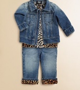 The look of a classic denim jacket with the comfort of soft knit is perfect for a laid-back baby.Point collarZip frontFront yokePatch chest pocketsLong sleeves with elasticized cuffs and inside leopard print trimWide waistband with back logo patch95% cotton/5% spandexMachine washMade in Italy