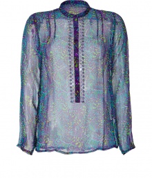 Elegant top made ​.​.of fine, slightly transparent silk chiffon - Stylish print in purple and aqua blue in slim cut, with high neck and long button mini-placket - Favorite, lighthearted top fits well with white capris, pencil skirts or flared jeans