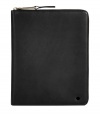 Busy days call for chic carrying cases, and Jil Sanders jet black calfskin zip-around is an ultra sophisticated choice - Metal zip-around closure with leather pull, iPad case on one side, slit pocket on the other - Cool enough to carry alone - the perfect finishing touch to work looks