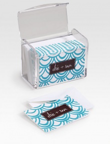 A set made just for you (or someone you love) includes 25 patterned notecards with any name on the front and plenty of room to write inside. Arrives in a convenient Lucite box with coordinating envelopes. Perfect gift idea 5¾W X 4¼H X 3½D Made in USAFOR PERSONALIZATION Select a quantity, then scroll down and click on PERSONALIZE & ADD TO BAG to choose and preview your personalization options. Please allow 2 weeks for delivery.