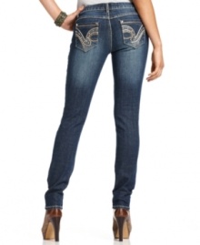 From the extreme whiskering at the front to the blinged-out back pocket design, awesome details are in full supply on these skinny jeans from Jou Jou! From the extreme whiskering at the front to the blinged-out back pocket design, awesome details are in full supply on these skinny jeans from Jou Jou!