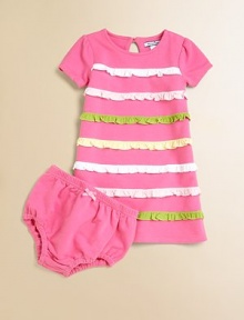 Sweet and simple, with the comfort of an elongated tee, in soft, stretch French terry knit with rows of colorful ruffles on the front.Round necklineShort puffed sleevesKeyhole button back closeFront pastel rufflesMatching bloomers with elastic waist and leg openings95% cotton/5% spandexMachine washImported Sweet and simple, with the comfort of an elongated tee, in soft, stretch French terry knit with rows of colorful ruffles on the front.Round necklineShort puffed sleevesKeyhole button back closeFront pastel rufflesMatching bloomers with elastic waist and leg openings95% cotton/5% spandexMachine washImported