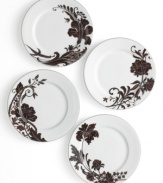 Like a well-manicured flower bed, the Cocoa Blossom dinnerware and dishes collection from Mikasa brings just the right amounts of whimsy and sophistication to the table. Rich hues of chocolate and cinnamon color the lush blooms beautifully set against elegant white porcelain. Shown clockwise from top: Lily (top), Peony (right), Iris (bottom), Rose (left).