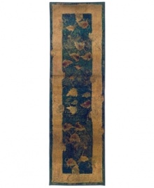 A long runner that is ideal for hallways and entryways. Marked by intriguing visual texture and saturated color, this rug features a pattern of burnished gold leaves that seem to break through a gauzy emerald background. A floating gold border perfectly frames the rug's dynamic beauty. Weathered details impart a timeworn, vintage look. A long runner that is ideal for hallways and entryways. Marked by intriguing visual texture and saturated color, this rug features a pattern of burnished gold leaves that seem to break through a gauzy emerald background. A floating gold border perfectly frames the rug's dynamic beauty. Weathered details impart a timeworn, vintage look.