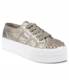 The metallic upper of Steve Madden's Brady S platform sneakers stands out brilliantly against the super chunky white platform. Pointy studs along the vamp give a cap toe effect.