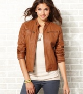 Perfect your biker-chick style in this faux-leather jacket from Maralyn & Me! Exposed zippers make this piece oh-so tough.