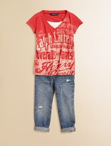 A cool layered look is created with a printed V-neck tee worn over a lace-trimmed tank.T-Shirt: V-neck and short sleeves Tank Top: Scoop neck with lace trim, ruching, and spaghetti straps Tee and tank can be worn separately Cotton Machine wash Imported