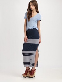 Boldly striped maxi skirt has a comfy elastic waistband and a sultry side slit. Elastic waistbandSide slitAbout 37 from natural waist58% polyester/21% model/21% supimaMachine washMade in USAModel shown is 5'10 (177cm) wearing US size 2.