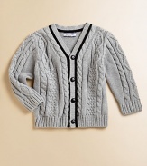 Crafted in ultra-soft cotton, a classic button-down cable knit is given a handsome update in a striped varsity design.V-neckLong sleevesButton-frontRibbed cuffs and hemCottonMachine washImported Please note: Number of buttons may vary depending on size ordered. 