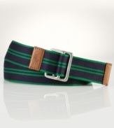 Ralph Lauren's iconic pony accents the leather tip of this sporty striped belt for a preppy finish.