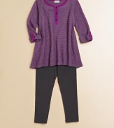 The perfect outfit for all her play dates, with a cute and comfy ribbed tunic and matching leggings. Shirt CrewneckButton frontThree-quarter sleeves with rolled tab cuffsA-line Leggings Pull-on style50% polyester/25% pima cotton/25% micromodalMachine washImported Please note: Number of buttons may vary depending on size ordered. 
