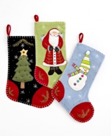 Full of personality, these crafty Christmas stockings from Jabara are sewn with beads, buttons and whimsical whipstitch motifs, including a tree, Santa and snowman. Full of personality, these crafty Christmas stockings from Jabara are sewn with beads, buttons and whimsical whipstitch motifs, including a tree, Santa and snowman.