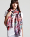 Red, purple and aqua run wild in a psychedelic, paint swirl print on this sheer cashmere and silk Bindya scarf.