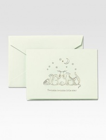 A playful menagerie of animals gaze up at the nighttime sky to lend a wistful tone to these foldover notecards, hand-engraved in gold with a gender-neutral Celadon Kid Finish. Includes 20 notecards with matching envelopes Blank inside High-quality cotton fiber paper Each, 5¾W X 4H Made in USA 