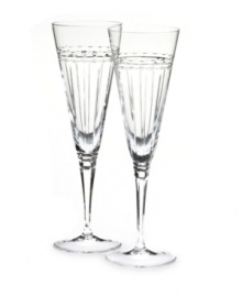 Inspired by vintage wedding bands, the chic vertical cuts complement the simple geometric design that rings the top of this sophisticated collection of toasting flutes. Inspired by vintage wedding bands, the chic vertical cuts complement the simple geometric design that rings the top of this sophisticated collection of toasting flutes.