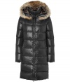 Stay warm while maintaining your impeccable style in this lightweight yet luxe down jacket from Duvetica - Fur-trimmed hood, stand collar, concealed front two-way zip closure, long sleeves, zip pockets, quilted, mid-thigh length - Wear with an elevated jeans-and-tee ensemble and shearling lined boots