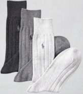 Solid cotton ribbed slack-length socks with polo player embroidered logo. 3 pairs to a pack.