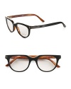A sophisticated set of acetate frames with clear, easily replaced lenses. Wear the glasses as a simple accessory or replace the lenses with your own prescription. Replaceable optical lenses include permanent logo accent Metal T temple detail Made in Italy 