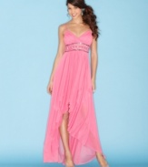 Pleated layers of chiffon and a fancifully beaded waist make a striking statement on this dress from Speechless!