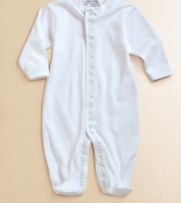 The softest cotton one-piece, with attached feet and charming blue dot trim.Snap closuresLong sleevesPicot edgingMachine washCottonImported