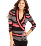 Sporting buckles, multicolor stripes and a wrapped shawl collar, Say What?'s long sleeve sweater promotes cute and toasty style!