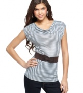 A figure-flattering belt adds punch to classic stripes on this top from BCX!