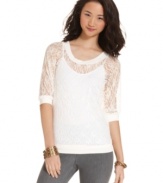 Update your collection of go-to tops with this lace, three-quarter-sleeve style from Planet Gold!