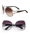 A unique 146 Swarovski crystal Parentesi embellishment inspired by the joints of Roman pavement adds a glamorous touch to these contemporary metal shield frames. Available in light brown with brown gradient lens or palladium with grey gradient lens.UV 400 lens Made in Italy 