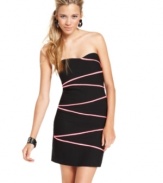 Bright, laser beam stripes zigzag across a strapless party dress of chic, streamlined design! From BCX.