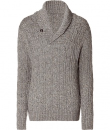 Casual pullover from American casual label Vince - From a pleasant wool-nylon blend - Cool chunky knit, elegant taupe - Modern slim fit with long sleeves - Wide cuffs at the ends of the sleeves and at the waist - Open shawl collar - Very versatile - Perfect with jeans or light pants