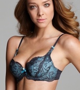 A gorgeous lace contour bra with contrast blue underlay and charming bow accents. Style #E72-924