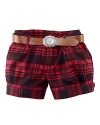 Crafted from a festive plaid, these adorable shorts feature a double pleated front and rear hem for a fun, voluminous fit.