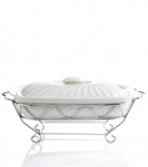 Serve your warm delicacies with grand style in this porcelain covered baker (shown back) with pewter serving rack.