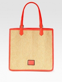 A structured silhouette of fine straw mixed with contrasting leather trim is the perfect warm-weather carryall. Double leather top handles, 7¾ dropHook top closureOne inside zip pocketTwo inside open pocketsFully lined14W X 13½H X 5DImported