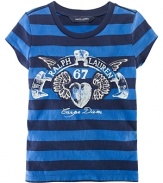 Seize the day in this bold striped cotton jersey tee accented with an applied heart graphic print for rocker-chic style.