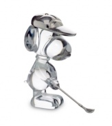 Snoopy concentrates on a hole in one, perfecting his form in this exquisite crystal figurine from Baccarat. With silvertone hat and golf club.