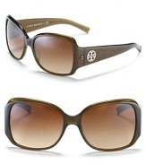 Tory Burch's square sunglasses offer classic styling with rich details that focus on the iconic Tory Burch round logo. Nose tabs help to secure fit. UV 400.
