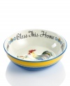 Old world country style and modern craftsmanship combine to bring you the Ricamo serving bowl. Carefully crafted in earthenware, this colorful piece is sure to lend a burst of extra life to your home. Features a bright, hand-painted motif and the phrase, Bless This Home. By Fitz and Floyd.
