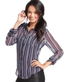 Gotta have it! Sheer chiffon fabric lends trend-licious style to this colorfully striped, button-down top from BCX. Gotta have it! Sheer chiffon fabric lends trend-licious style to this colorfully striped, button-down top from BCX.